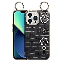 Case for iPhone 13/13 Pro/13 Pro Max, Flowers PU Leather Case with Wrist Strap Kickstand Soft TPU Shockproof Protective Design Suitable for Girls & Women,Black,13 6.1