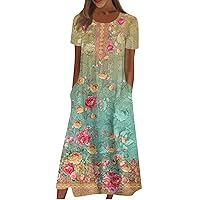 Short Sleeve Summer Home Dress Ladies Fashion Oversize Cotton Fit Tunic Dress Woman Print Pocket Lightweight Multi XL