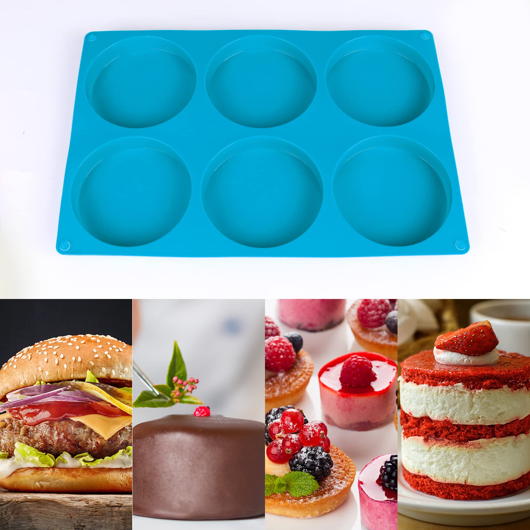 2 Pcs Large Silicone Molds for Baking, 6-Cavity Round Silicone Baking Mold, Non-Stick 4” Baking Disc Molds for Whoopie Pie, Egg Pan,Muffin, Candy, Soap, Hamburger, Resin Coasters (Blue)