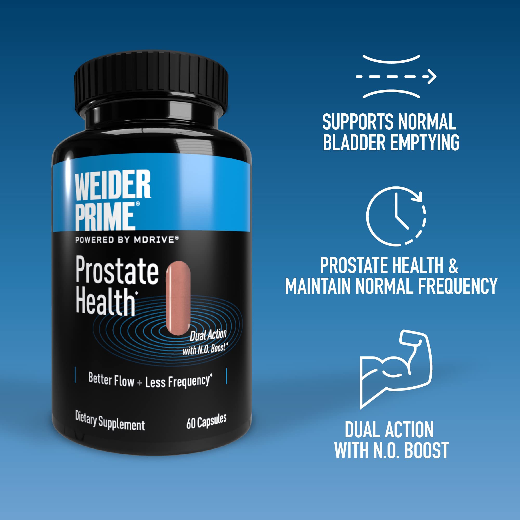 Weider Prime Prostate Health for Men, Dual Action with N.O. Boost, Promotes Flow and Normal Frequency, 60 Veggie Capsules
