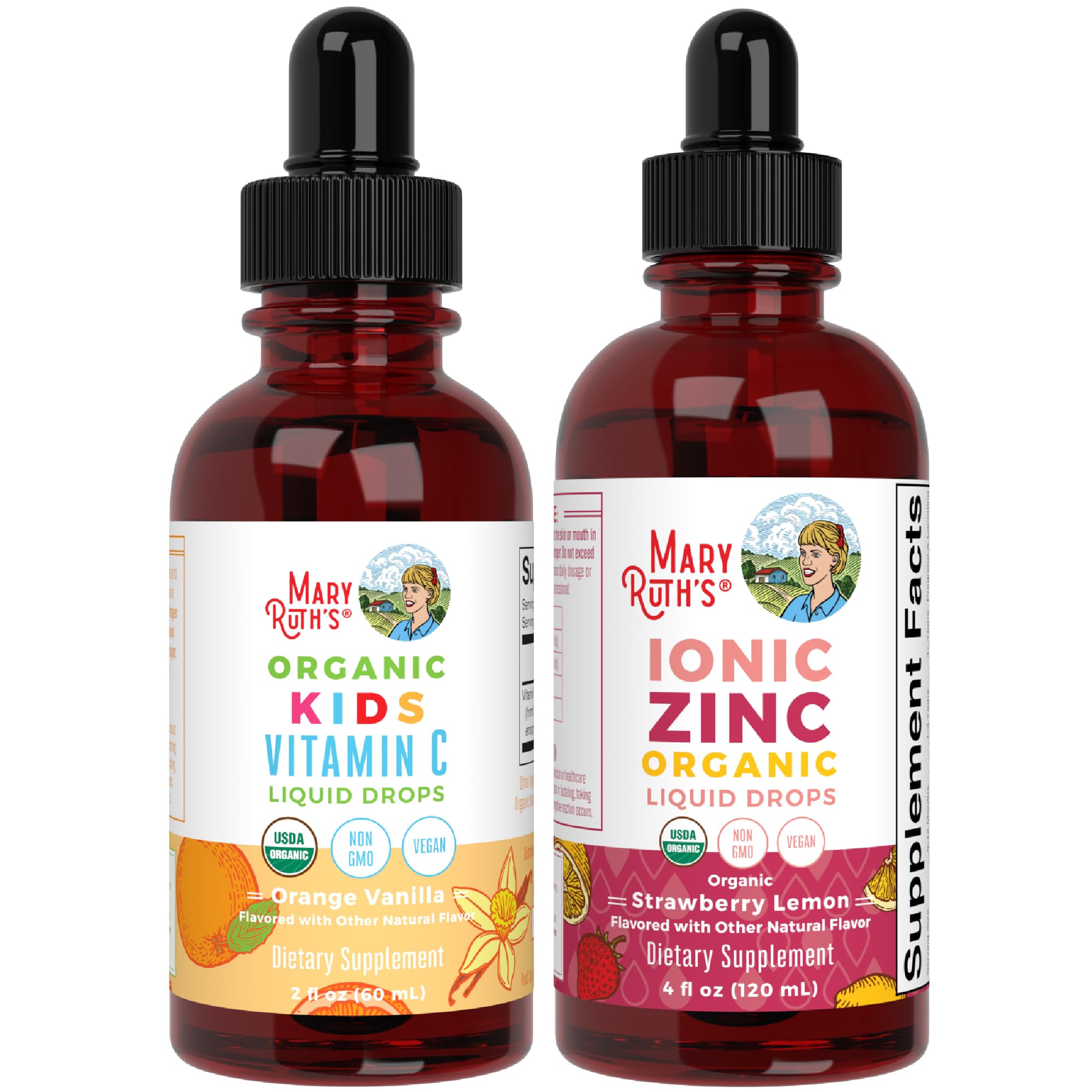 MaryRuth's USDA Organic Kids Vitamin C Liquid Drops and Zinc Liquid Supplement for Adults & Kids in Strawberry Lemon, 2-Pack Bundle for Immune Support, Skin Health, and Overall Health, Vegan & Non-GMO