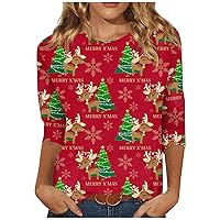Womens Tops Christmas 3/4 Length Sleeve Blouses Dressy Top Sexy Holiday Crew Neck Shirt Casual Basic Work Tees