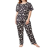 WDIRARA Women's Plus Size 2 Piece Sleepwear Cow Print Short Sleeve Top and Pants Pj Set