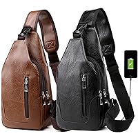 Peicees Pack of 2 Leather Sling Bag Mens Crossbody Bag Chest Bag Sling Backpack for Men with USB Charge Port, Verticalzipper/Light Brown&Black