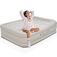 King Koil Luxury Air Mattress 20in Full Size Beige with Built-in Pump for Home, Camping & Guests-Inflatable Airbed Luxury Double High Adjustable Blow Up Mattress, Durable - Portable and Waterproof
