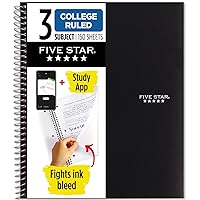 Five Star Spiral Notebook + Study App, 3 Subject, College Ruled Paper, Fights Ink Bleed, Water Resistant Cover, 8-1/2