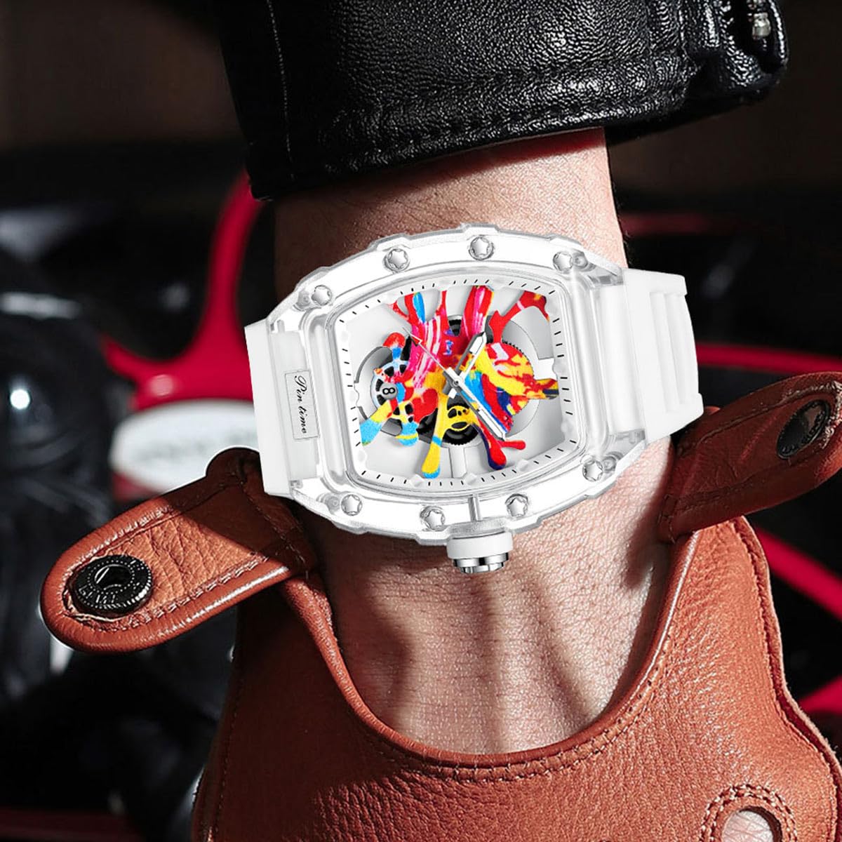 DROCUAMGOYA Herrenmode Uhren Graffiti Kunst Zifferblatt Skelett Quarz Silikon Band Datum Analog Armbanduhr für Männer