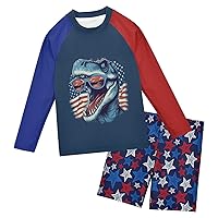 Baby Boys Rash Guard Sets Blue Shark American Flag Star Toddler Long Sleeve 2 Piece Swimsuit UV Sun Protection (3T-10)