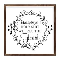 Wood Sign Wall Hanging Home Decor Hallelujah Holy Shit Where's The Tylenol Framed Wood Sign,Rustic Wall Art Sign Wooden Plaque for Living Room Kitchen Bathroom Bedroom 12