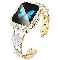 KADES Band with Case Compatible for Apple Watch Series 9 8 7 45mm/41mm Series 6 5 4 SE SE2022 44mm/40mm Series 3 2 1 42mm/38mm, Sparkling Bling Diamond Bands with Full Diamonds Case