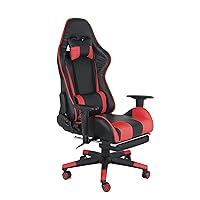 Gaming Chair with Fold-Away Footrest, Height Adjustable Gamer Chair & Support Pillows and 2D T-Armrests Deluxe Leather Reclining Office Chair, Black/Red