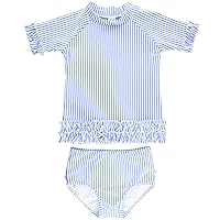 RuffleButts® Baby/Toddler Girls Rash Guard Short Sleeve 2-Piece Swimsuit Set - Polka Dot Bikini with UPF 50+ Sun Protection