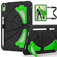 WESOROL iPad 10th Generation Case, Kids Friendly iPad Case 10th Gen 10.9 Inch with Kickstand Shoulder Strap Pencil Holder, Heavy Duty Protective iPad 10th Case for Kids, Black Green