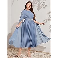 Plus Women's Dress Plus Pleated Cloak Sleeve Belted Dress (Color : Dusty Blue, Size : 4X-Large)