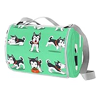 Cartoon Cute Husky Dog Green Background Small Picnic Blanket for Kids, 57’’x59’’ Sandproof Beach Mat & Outdoor Waterproof Picnic Blanket for Camping on Grass, Hiking, Park, Travelling