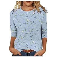 Summer Blouses for Women Floral 3/4 Sleeve Shirts Crewneck Tees Slim Fit Summer Tshirts Ethnic Slim Cute Blouse