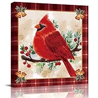 Watercolor Red Birds with Branch Canvas Wall Art Oil Painting Picturs for Bathroom Kitchen Decor Framed Print Artwork, Christmas Bells Buffalo Plaid Hanging Posters Home Decor Artwork 8x8In