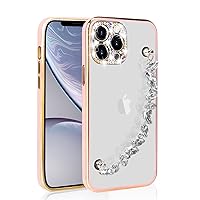 Bonitec Case for iPhone 13 Pro Max Clear Case with Grip Strap Chain, Bling Rhinestone Diamond Camera Cover Phone Case for Women Girls, Pink Bezel