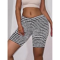 Women's Shorts Striped Print Shorts Shorts for Women (Color : Black and White, Size : Large)