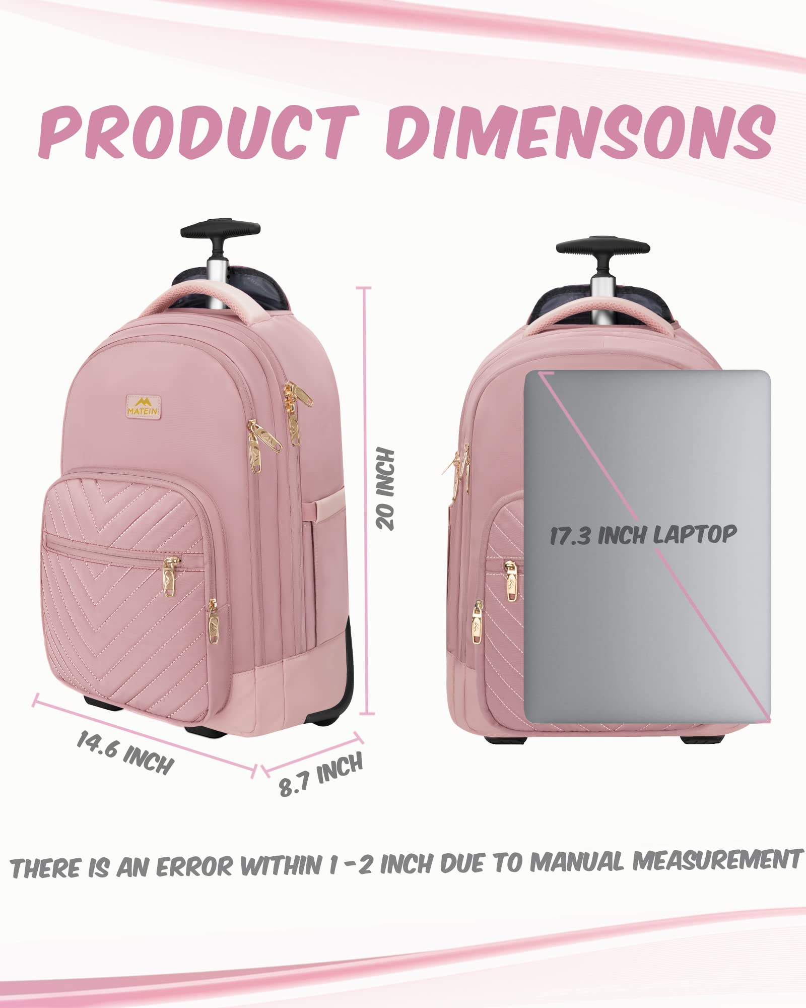 MATEIN Rolling Backpack for Women, 17 Inch Travel Laptop Backpacks with Wheels, Waterproof Large Carry On Business Luggage Roller Backpack, Trolley Suitcase Overnight College Work Computer Bag,Pink