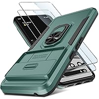 for Google Pixel 8 Pro Case with 2 Tempered Glass Screen Protector,Built in Slide Camera Lens Cover+Finger Ring Stable Kickstand,Heavy Duty Shockproof Protective Phone Cover,2023 Dark Green