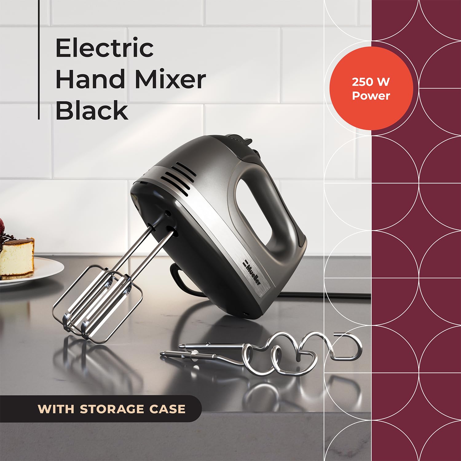 Mueller Electric Hand Mixer, 5 Speed 250W Turbo with Snap-On Storage Case and 4 Stainless Steel Accessories for Easy Whipping, Mixing Cookies, Brownies, Cakes, and Dough Batters