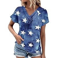 Women's 4th of July Tops Plus Size Casual V-Neck Short-Sleeved T-Shirt Printed Button Top
