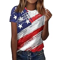 Independence Day Tee Lady Funny Oversized Short Sleeve College Cotton American Flag T Shirt Crew Neck Light Comfort Pleated Top Women Dark Blue