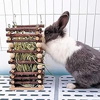 Hanging Apple Wood Rabbit Hay Feeder - Guinea Pig Grass Holder with 2 Hooks Biting Resistant Small Animals Chew Toy, Feeding Hay Manager Shelf for Chinchilla Bunny Hamster Gerbil Holiday Presents