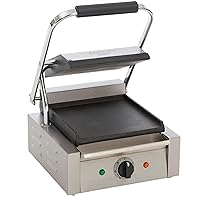 SG-811/F Single Electric Sandwich Panini Grill with Cast Iron Flat Plates, Oil Tray, 120v