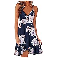 Womens Summer Floral Wrap V Neck Adjustable Spaghetti Casual Ruffle Dress Boho Vacation Beach Party Hawaiian Dresses