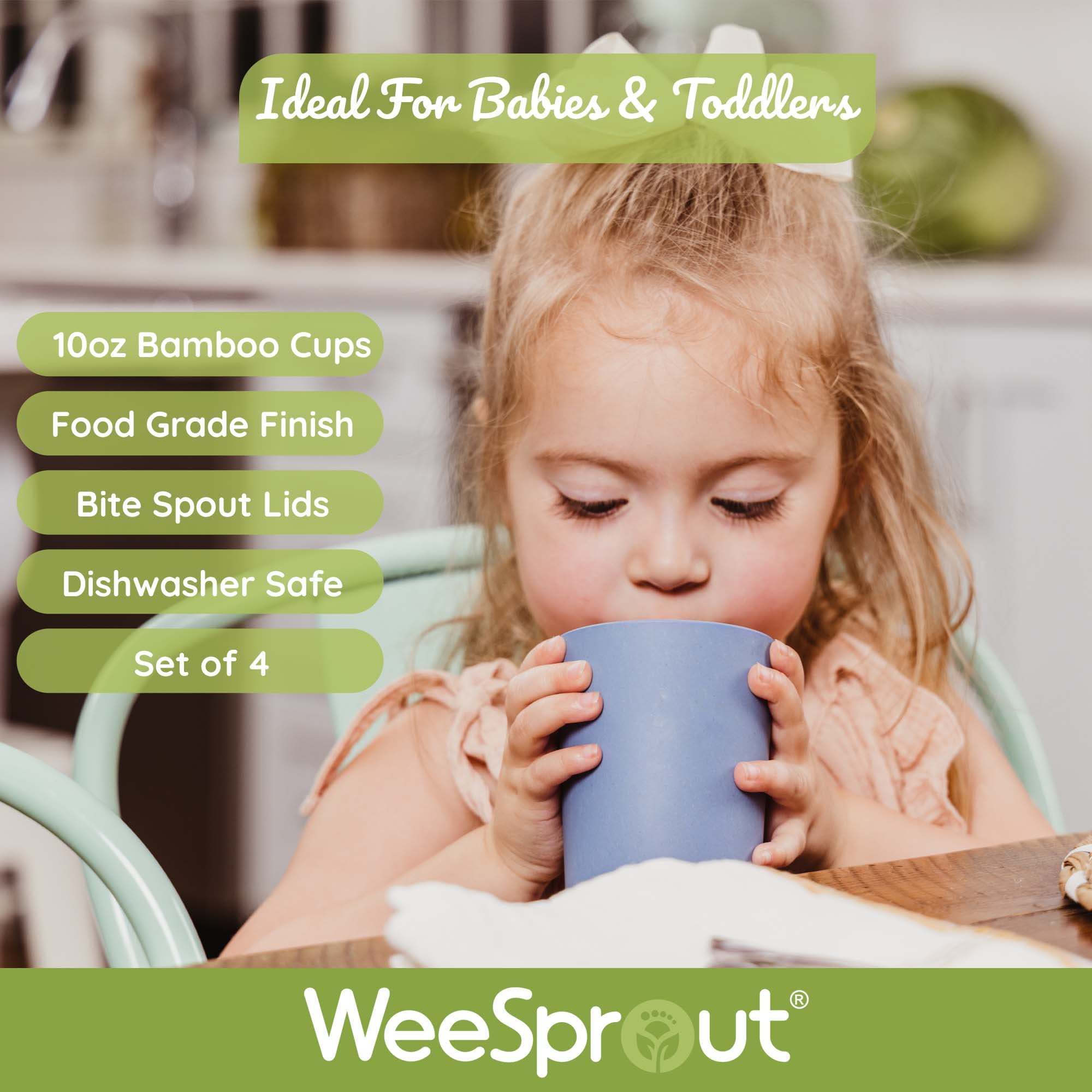WeeSprout Bamboo, Silicone, Melamine Grow-With-Me Sippy Drinking Cup, Set of four 10 Ounces Kids Baby and Toddler, Made with All Natural Bamboo and Bite Spout Design, Dishwasher Safe