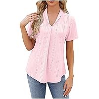 Summer Blouses for Women Dressy Casual V Neck Pleated Short Sleeve Lace Eyelet T Shirts Loose Fit Flowy Trendy Elegant Tops
