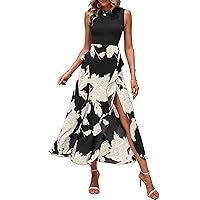 BTFBM Women Casual Sleeveless Summer Dresses 2024 Spring Crewneck Patchwork Boho Floral Ruffle Cocktail Party Midi Dress