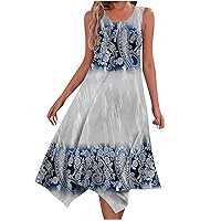 Summer Vintage Hankerchief Hem Dress Women's Casual Flowy Midi Sundress Sleeveless Scoop Neck A-Line Beach Dresses