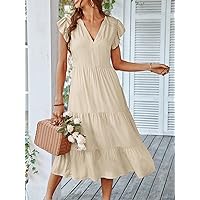 Summer Dresses for Women 2022 Flutter Sleeve Ruffle Hem Dress (Color : Apricot, Size : L)
