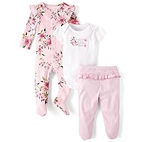 The Children's Place Baby Girl's and Newborn 100% Cotton Take Me Home 3-Piece Long, Short Sleeve Bodysuit, and Pant
