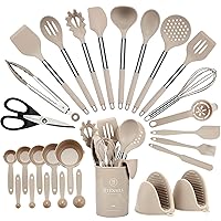 Kitchen Utensils Set, Hvygss 28 Pcs Silicone Cooking Utensils Set, Stainless Steel Handle Silicone Spatula Set with Silicone Whisk, Tongs, Ladle, Scissors, Measuring Cups and Spoons Set (Khaki)