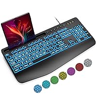 SABLUTE Large Print Backlit Keyboard with Wrist Rest， Wired USB Lighted Computer Keyboard with 7-Color & 4 Modes Backlit, Oversize Letters Keys Easy to See and Type Compatible for PC, Laptop