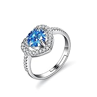 Bellitia Jewelry 925 Sterling Silver Adjustable Heart Shape Ring for Her, Gemstone Birthstone Finger Ring with 1ct Cubic Zirconia Fine Jewellery Gifts for Women Girls