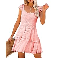 Women Summer Dresses Casual Boho Smocked Ruffle Sun Beach Babydoll Mini Dress Layered Flowy Swing Dress