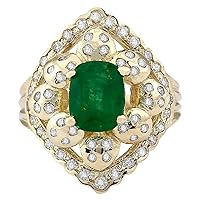 3.12 Carat Natural Green Emerald and Diamond (F-G Color, VS1-VS2 Clarity) 14K Yellow Gold Cocktail Ring for Women Exclusively Handcrafted in USA