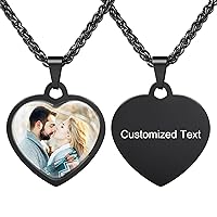 Personalized Engraved Picture Text Necklace with Protective Epoxy Stainless Steel Dog Tag Heart Shape Pendant with Wheat/Rolo Chain Memorial Jewelry Gift for Women Men