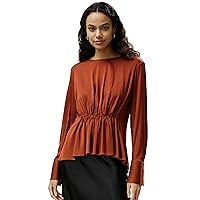 LilySilk Womens 19MM Real Silk Blouse Ladies Boatneck Shirt with Elastic Waistband & Ruffled Bottom Long Sleeves Casual