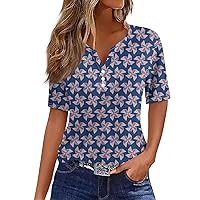4Th of July Shirts Women Button Henley V Neck American Flag Shirts Fashion Short Sleeve 1776 Shirt