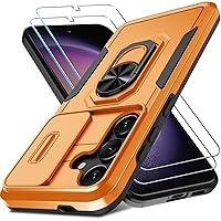 Janmitta for Samsung Galaxy S24+ Plus Case Built in Slide Camera Lens Cover+Screen Protector+Finger Ring Holder Kickstand,Heavy Duty Shockproof Full Body Protective Cover,2024 Orange