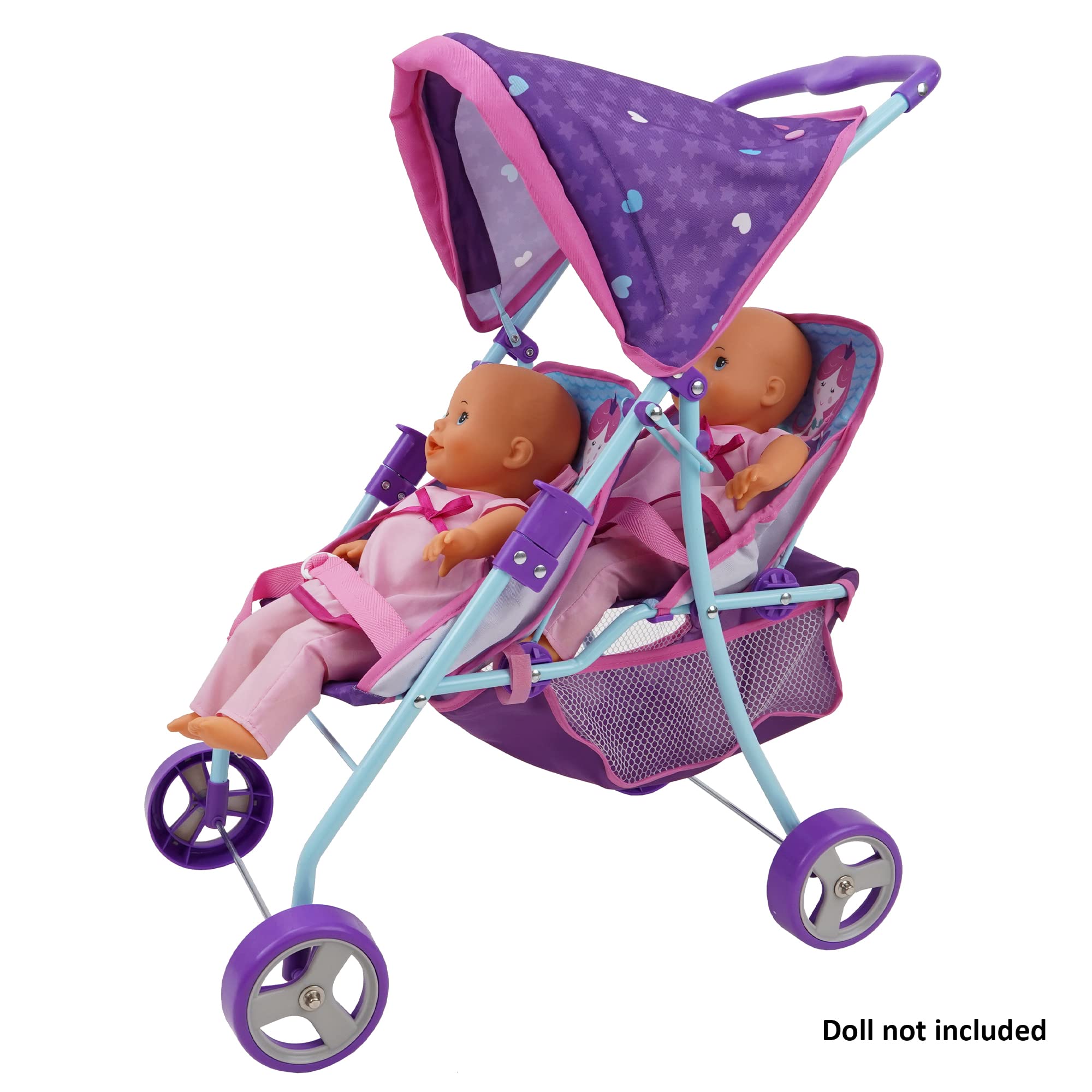 509 Crew Mermaid Twin Doll Stroller - Kids Pretend Play, Retractable Canopy, Easy to Fold for Storage & Travel, 2 Seats, Fits Dolls up to 18'', Ages 3+