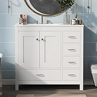 Double, 36 Inch Bathroom Vanity, with Ceramic Combo, Pedestal Sink Abundant Storage Cabinet with 2 Soft-Close Doors and 5 Drawers, White