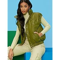 Women's Coat Jacket Warm Comfortable Snap Button Up Leather Puffer Vest Coat Fashion Charming Unique Lovely (Color : Olive Green, Size : Medium)