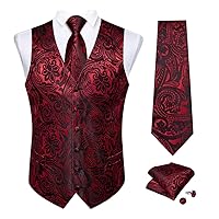 Mens Classic Paisley Folral Silk Waistcoat Jacket Wedding Handkerchief Necktie Suit Vest Set